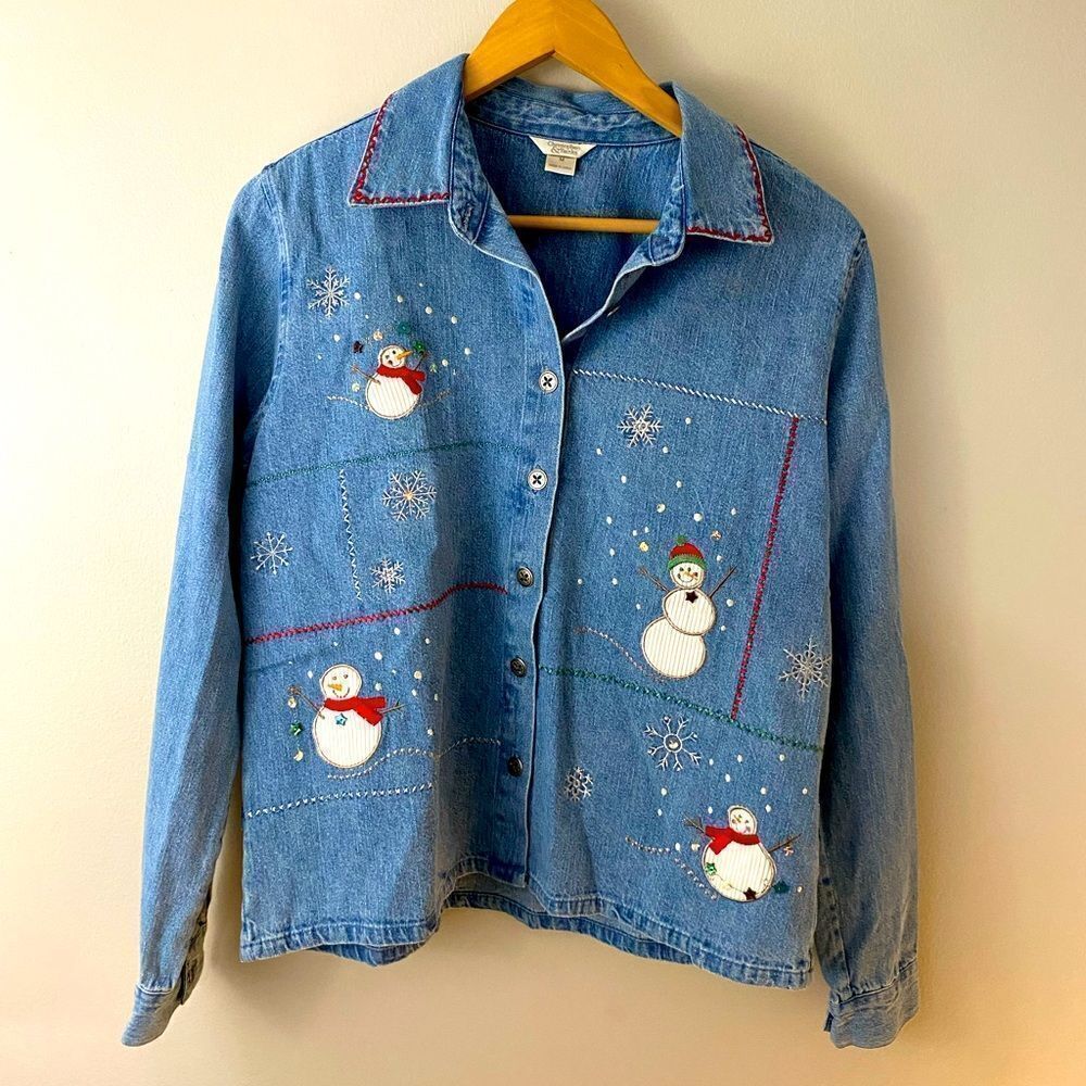 Christopher & Banks Women's M Blue Embroidered Denim Button-Up Shirt